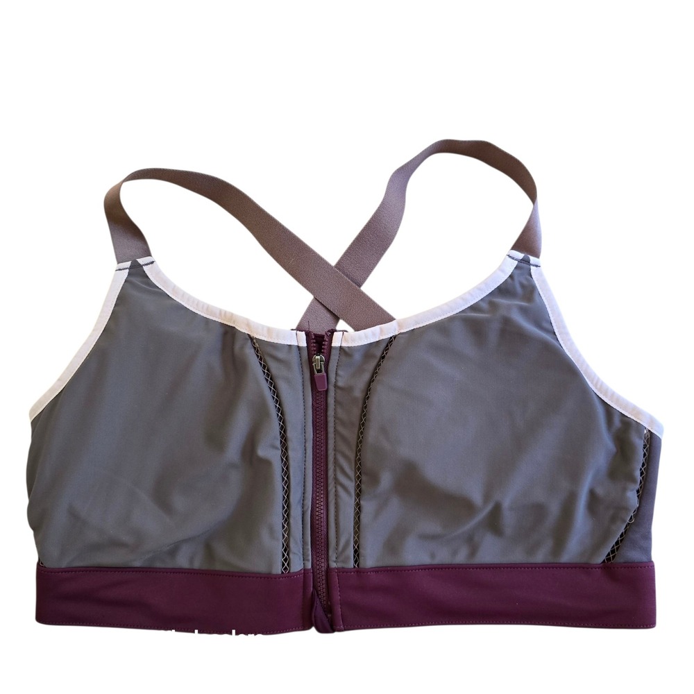 Fabletics Sports Bra Zipper Front Gray‎ Purple Crossback Small Support